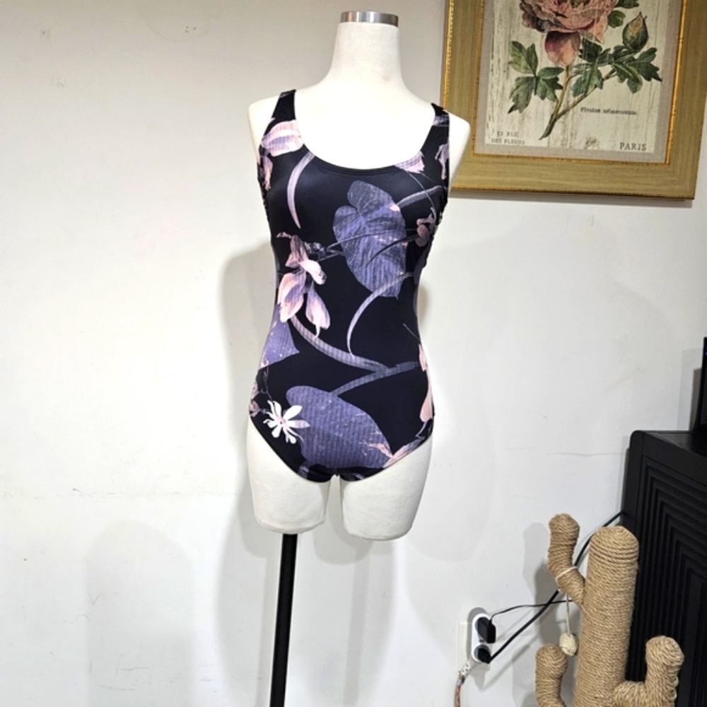 All in Motion Padded Black and Pink Floral One Piece Swimsuit NWOT